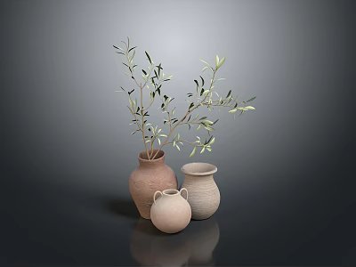 Hand Sculpted Clay Vases With Olive Branch Decoration On Dark Reflective Surface 3d model