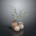 Hand Sculpted Clay Vases With Olive Branch Decoration On Dark Reflective Surface