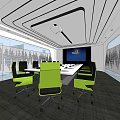 Modern Conference Room Interior With Long Table Green Black Chairs Large Screen And Projector