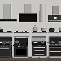 Modern Kitchen Appliances Display With Range Hoods Stoves And Ovens On Wall And Cabinets