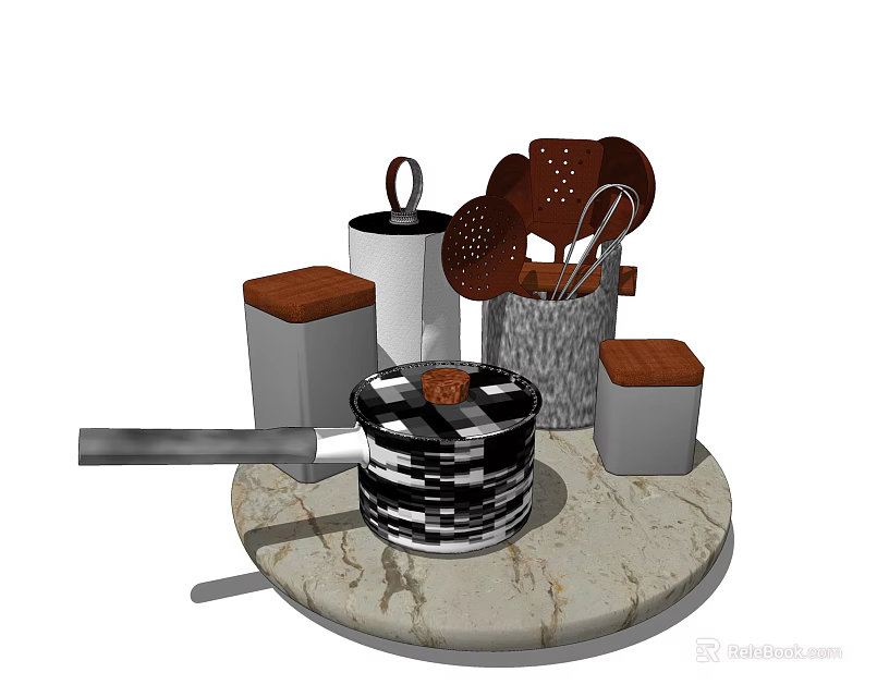 Modern Cooking Utensils Set On Marble Counter With Pot And Knife Holder 3d model 