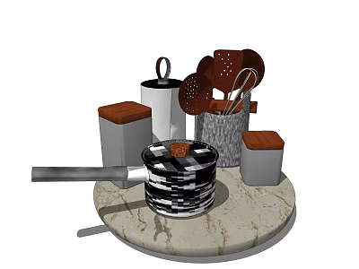 Modern Cooking Utensils Set On Marble Counter With Pot And Knife Holder 3d model