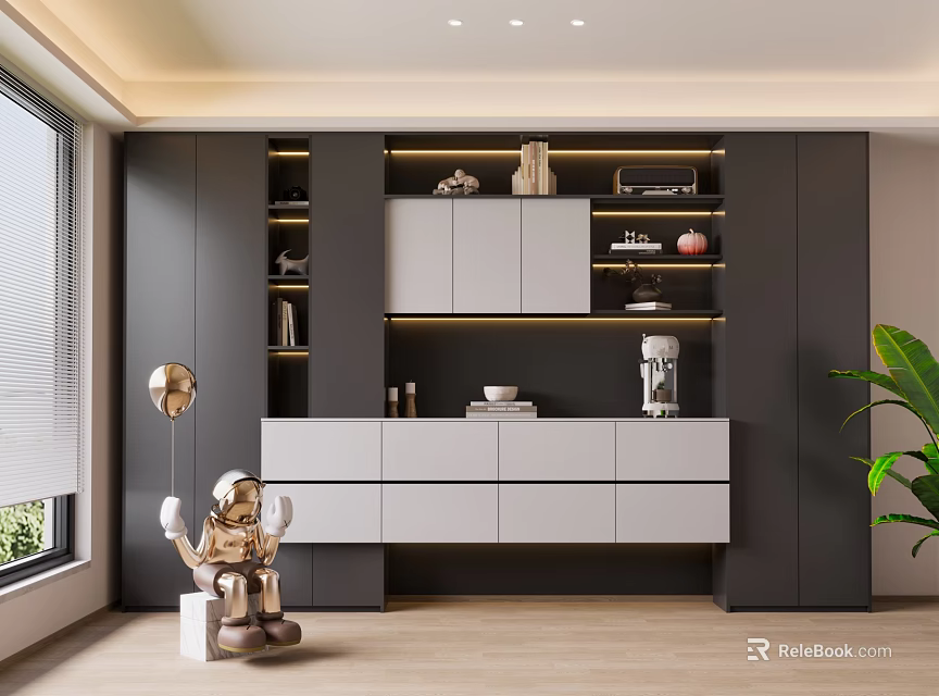 Modern Console Table Interior With Cabinets Drawers Decorative Shelves Astronaut Figurine And Green Plant 3d model 