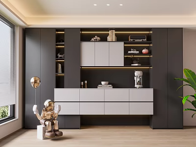 Modern Console Table Interior With Cabinets Drawers Decorative Shelves Astronaut Figurine And Green Plant 3d model