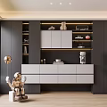 Modern Console Table Interior With Cabinets Drawers Decorative Shelves Astronaut Figurine And Green Plant