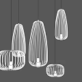 Modern White Wireframe Pendant Lights With Unique Shapes Hanging In Dark Setting