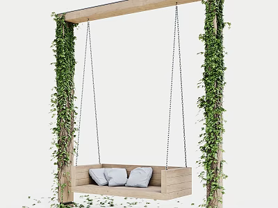 Wooden Hanging Chair With Soft Cushions Hanging On Wooden Frame Surrounded By Green Vines 3d model