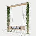Wooden Hanging Chair With Soft Cushions Hanging On Wooden Frame Surrounded By Green Vines