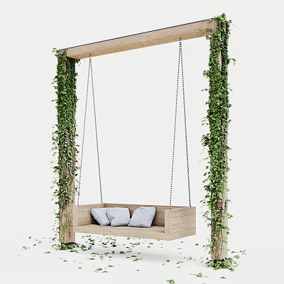 Wooden Hanging Chair With Soft Cushions Hanging On Wooden Frame Surrounded By Green Vines 3d model