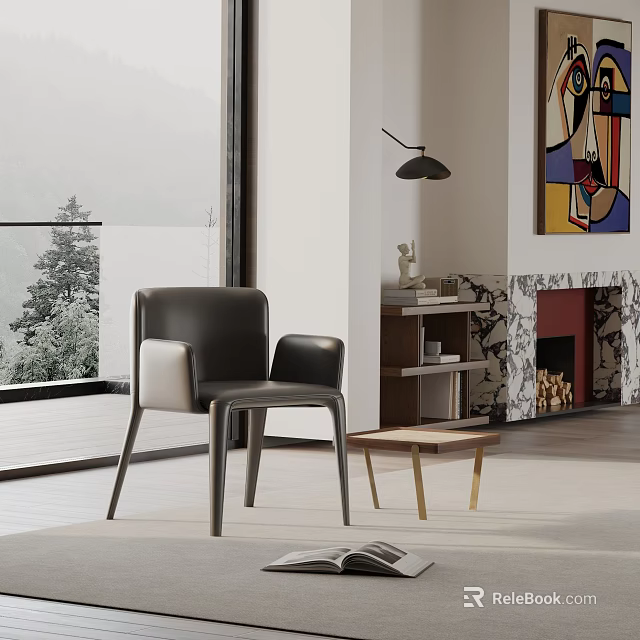 Modern Stylish Leisure Chair In Living Room With Side Table Fireplace And Scenic View 3d model 