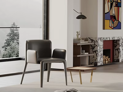 Modern Stylish Leisure Chair In Living Room With Side Table Fireplace And Scenic View 3d model
