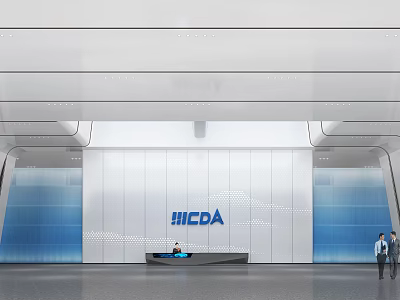 Modern Front Desk Reception With HCDA Logo On Blue Gradient Backdrop Wall 3d model