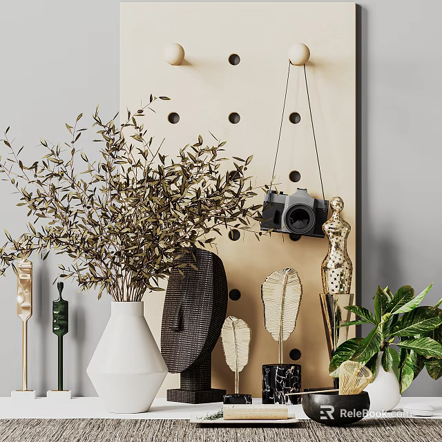 Modern Decorative Ornament Set with Pegboard Camera Olive Branch Plant Vase Feather and Metallic Sculptures 3d model 