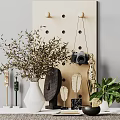 Modern Decorative Ornament Set with Pegboard Camera Olive Branch Plant Vase Feather and Metallic Sculptures