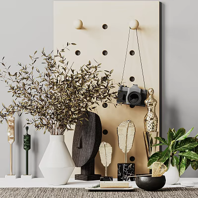 Modern Decorative Ornament Set with Pegboard Camera Olive Branch Plant Vase Feather and Metallic Sculptures 3d model