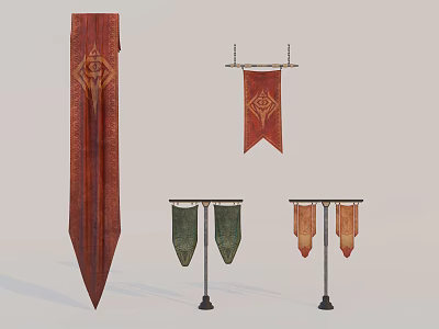 Various Colored Flags With Intricate Patterns On Stands And Wall Mounts 3d model