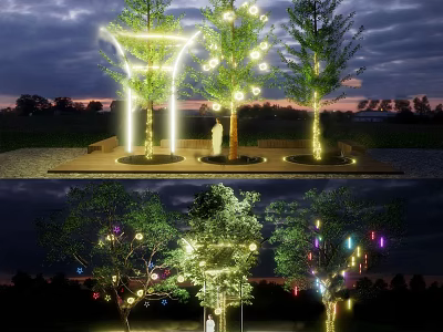 Outdoor Decorative Lights Hanging On Trees In Evening Garden With Glowing Effects 3d model