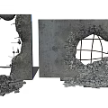 Damaged Concrete Wall With Cracks Holes Steel Bars And Debris Around