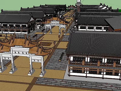 Traditional Chinese Commercial Street With Black Roofs White Walls Archways And Pedestrian Walkway 3d model