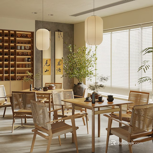 Wooden Tea Table and Woven Bamboo Chairs in Chinese Interior with Lanterns and Green Plants 3d model 