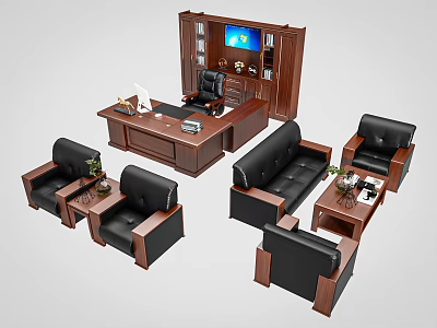 Executive Office Desk With Wooden Cabinet Black Leather Sofas Chairs And Potted Plants 3d model