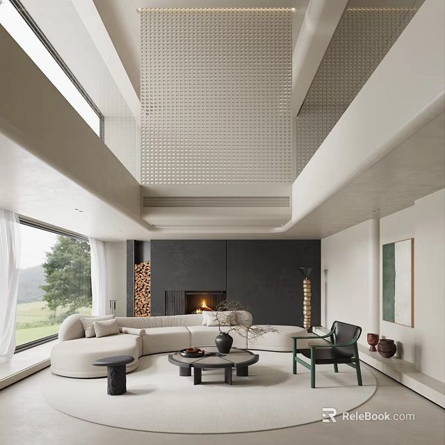 Modern Open Living Dining Room Interior With Sofa Fireplace And Large Windows 3d model 