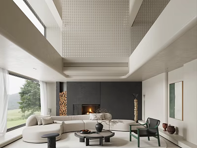 Modern Open Living Dining Room Interior With Sofa Fireplace And Large Windows 3d model