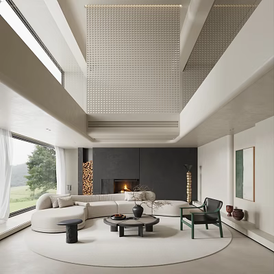 Modern Open Living Dining Room Interior With Sofa Fireplace And Large Windows 3d model