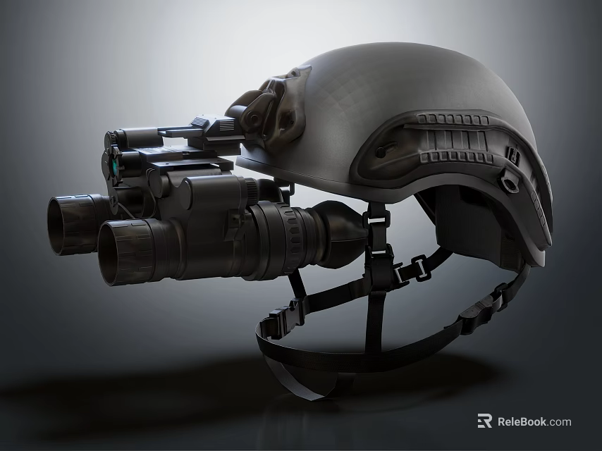 Tactical Military Helmet With Night Vision Binoculars Mounted Attachments And Secure Strap Design 3d model 