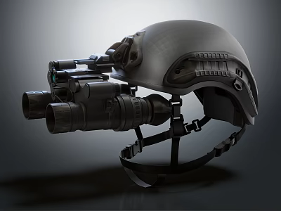 Tactical Military Helmet With Night Vision Binoculars Mounted Attachments And Secure Strap Design 3d model