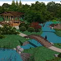 Waterfront Garden Landscape with Wooden Deck Pavilion Moored Boats Green Trees and People Walking