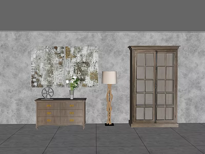Modern Wooden Console Cabinet And Side Cabinet With Vase Plants Floor Lamp And Decorative Artwork 3d model