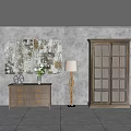 Modern Wooden Console Cabinet And Side Cabinet With Vase Plants Floor Lamp And Decorative Artwork