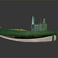 Green Cargo Boat Filled With Yellow Goods With Cabin Ladder And Antennas On Deck