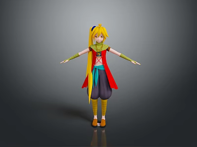 Woman With Blonde Pigtails Green Scarf Red Top Dark Pants And Outstretched Arms 3d model