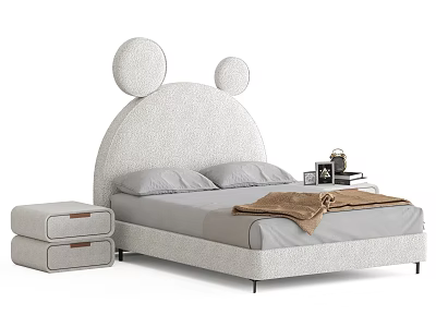 Plush Double Bed With Round Ear Shaped Headboard Gray Sheets Brown Throw And Storage Ottoman 3d model