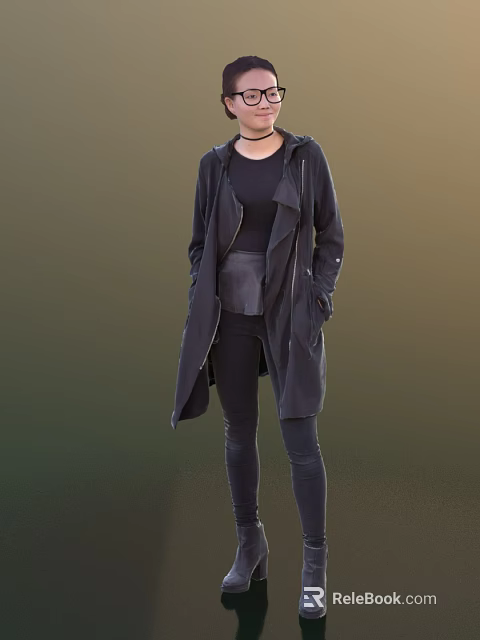 A Woman In Black Hooded Coat Top And Skinny Pants Standing With Hands In Pockets 3d model 
