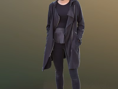 A Woman In Black Hooded Coat Top And Skinny Pants Standing With Hands In Pockets 3d model