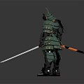 Futuristic Green Samurai Warrior in Mechanical Armor Holding Long Sword Standing Pose