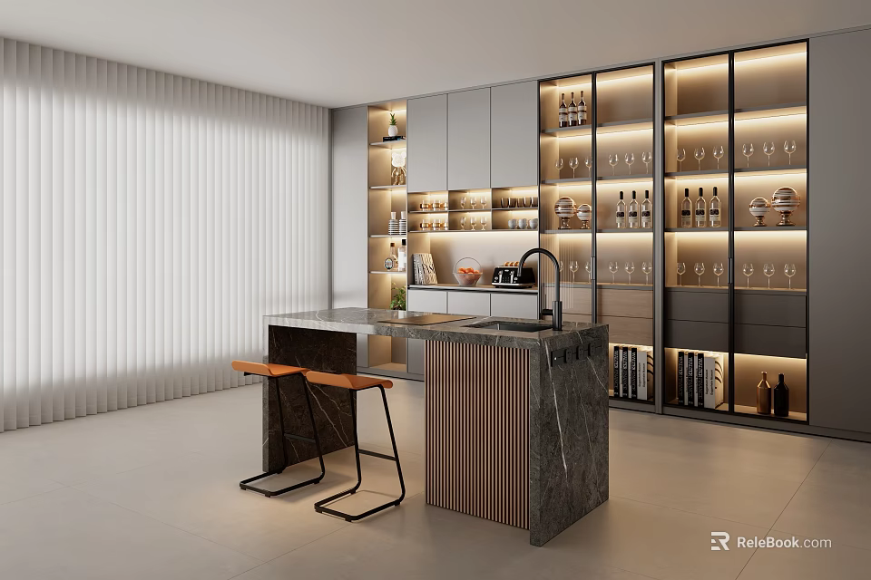 Modern Bar Counter Interior With Marble Countertop Wooden Stools And Illuminated Storage Shelves 3d model 