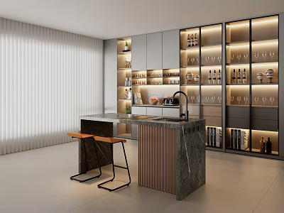 Modern Bar Counter Interior With Marble Countertop Wooden Stools And Illuminated Storage Shelves 3d model
