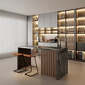 Modern Bar Counter Interior With Marble Countertop Wooden Stools And Illuminated Storage Shelves