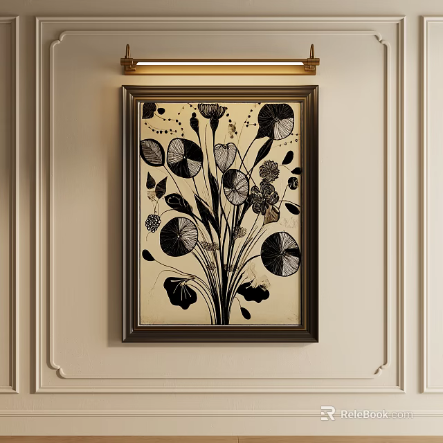 Black And White Floral Decorative Painting In Dark Frame On Light Wall With Lamp Above 3d model 