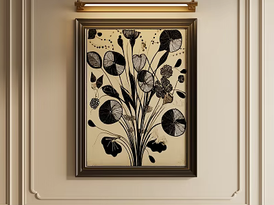 Black And White Floral Decorative Painting In Dark Frame On Light Wall With Lamp Above 3d model