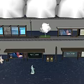 Modern Bus Station Exterior With Digital Billboards Pedestrians And Tree Reflections