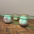 Modern Coffee Table With Transparent Glass Top And Illuminated White Organic Legs On Herringbone Floor