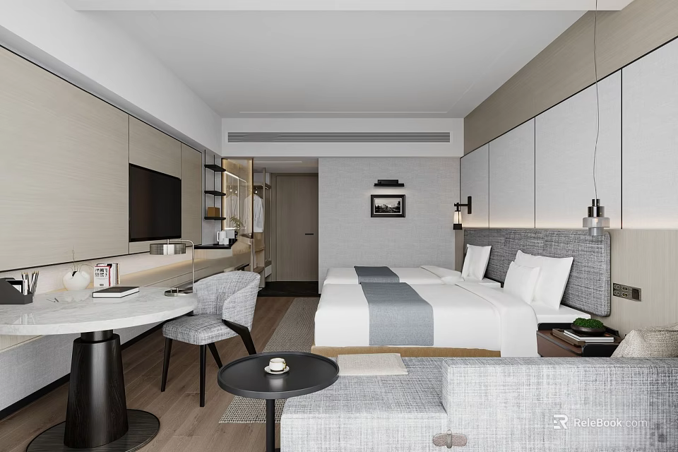 Modern Hotel Guest Room Interior With King Bed Sofa TV And Coffee Table 3d model 