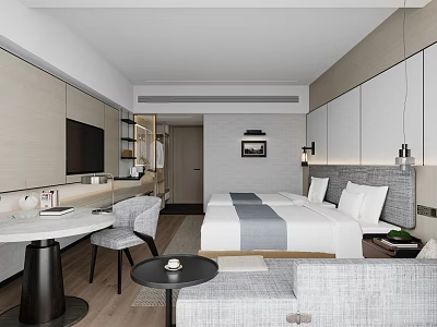 Modern Hotel Guest Room Interior With King Bed Sofa TV And Coffee Table 3d model
