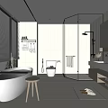 Modern Bathroom Interior With Freestanding Bathtub Glass Shower Double Vanity Large Mirror And Shelf