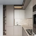 Modern Kitchen Interior Design With Light Gray Cabinets Marble Backsplash Stove Built-in Appliances And Lighting